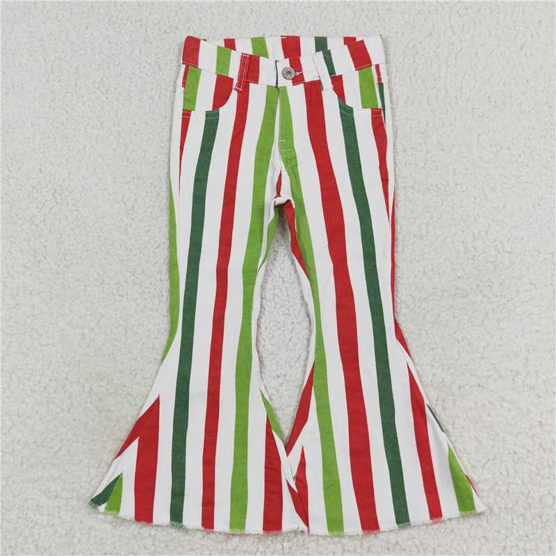 RTS NO MOQ Baby Girls Pants P0484 Christmas Stripes Bell Flare Denim Jeans