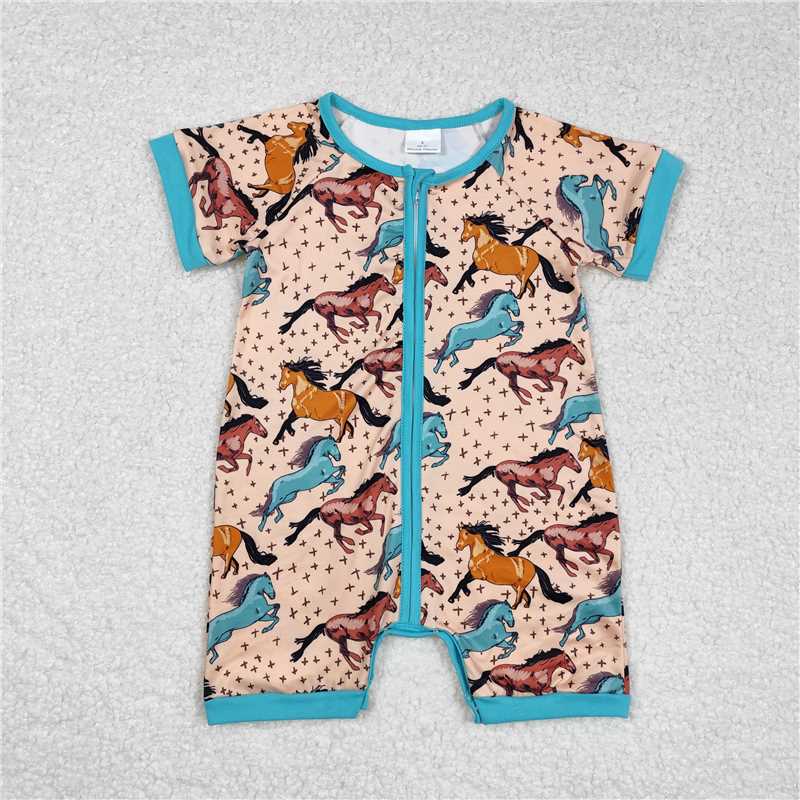 6.6 RTS NO MOQ Baby Boys Summer Bodysuit SR0934 Western Horse Short Sleeve Zip Rompers