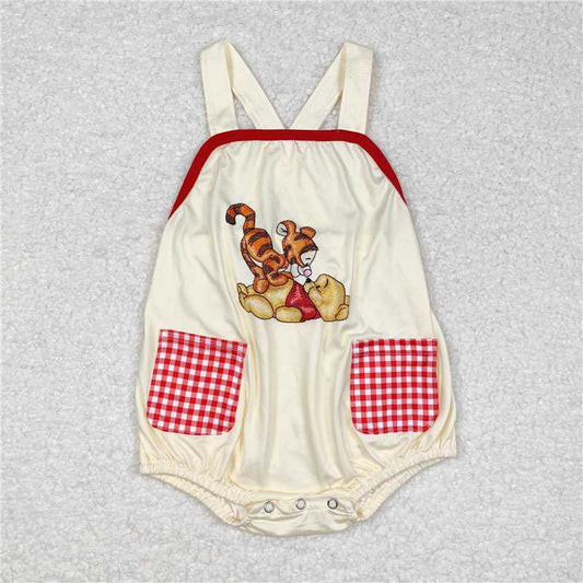 6.6 RTS NO MOQ Baby Boys Summer Bodysuit SR1704 Yellow Bear Tiger Pocket Straps Rompers