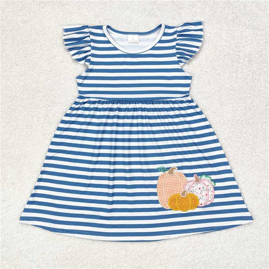 7.22 RTS NO MOQ Summer Baby Girls Dresses GSD1254 Blue Stripes Pumpkin Flutter Sleeve Knee Length Dresses