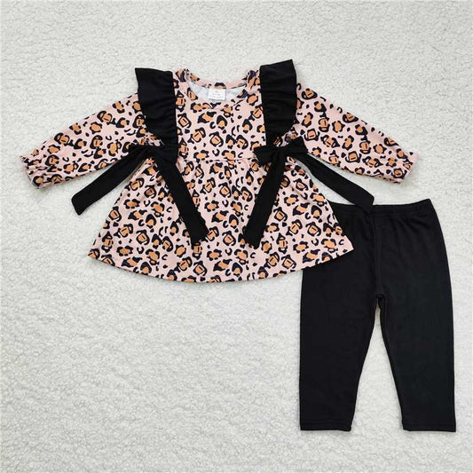 GLP1238 Baby Girls Leopard Bows Tunic Top Legging Clothes Sets