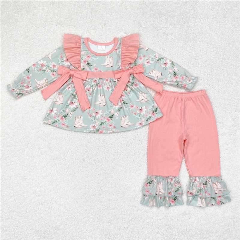 GLP1309 Baby Girls Western Flowers Boots Tunic Ruffle Pants Clothes Sets