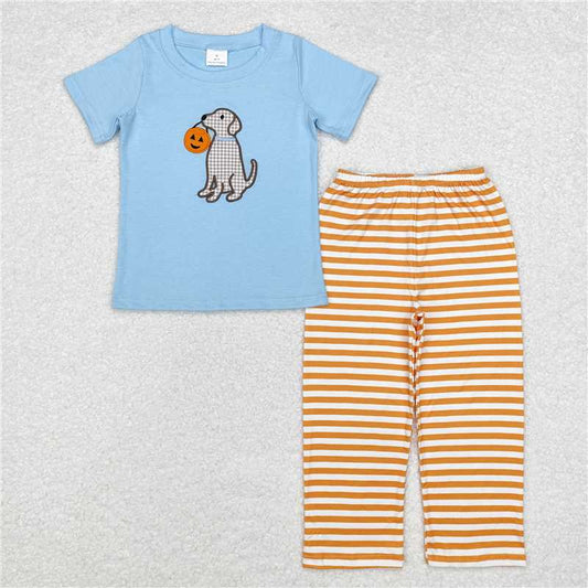 RTS NO MOQ Baby Boys Summer Sets BSPO0391 Blue Dog Halloween Pumpkin Shirt Pants Clothes Sets