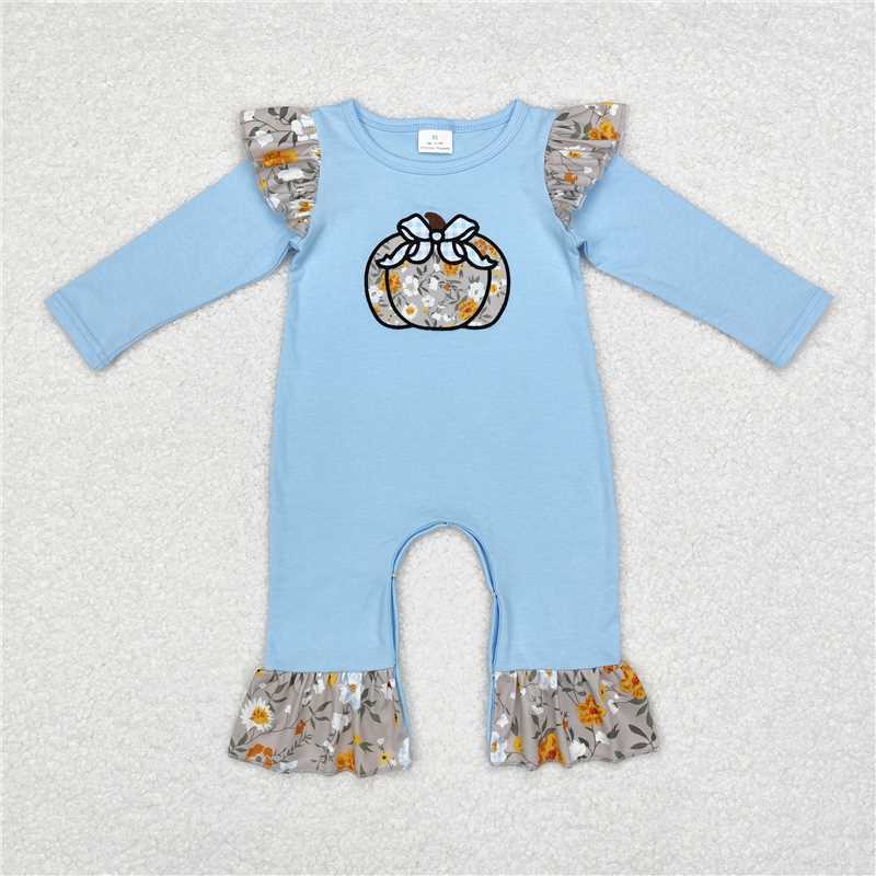 5.19 RTS NO MOQ Baby Girls Bodysuit LR1529 Blue Floral Ruffle Pumpkin Bow Rompers