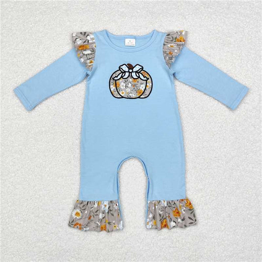 5.19 RTS NO MOQ Baby Girls Bodysuit LR1529 Blue Floral Ruffle Pumpkin Bow Rompers