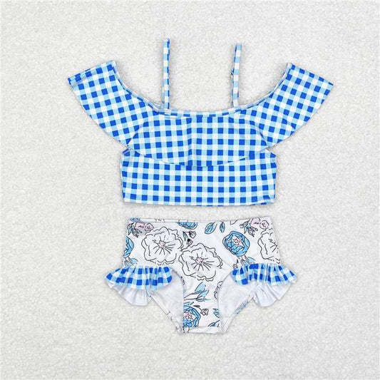 RTS NO MOQ Baby Girls Summer Sets S0254 Blue Checkered Top Floral Two Pieces Swimsuits