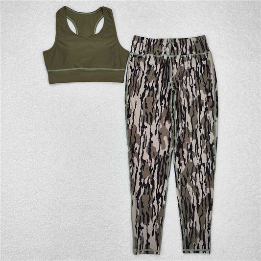 7.4 RTS NO MOQ Adult Women Summer Sets GSPO1666 Green Vest Top Camo Branches Pants Yoga Sports Clothes Sets