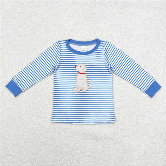 RTS NO MOQ Baby Boys Long Sleeve BT0808 Blue Stripes Dog Tee Shirts Tops