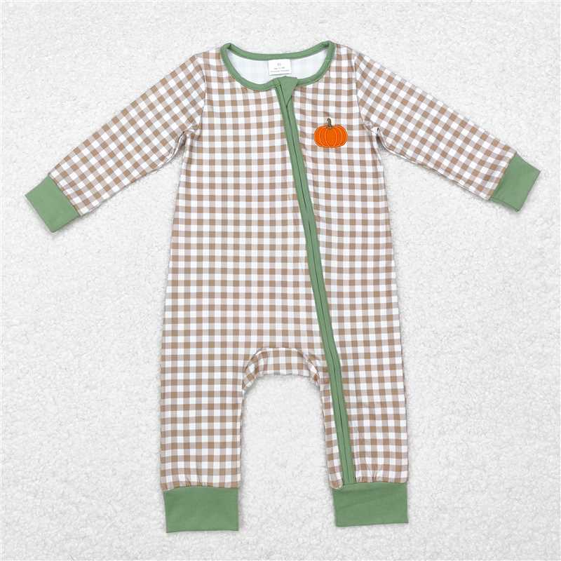 5.14 RTS NO MOQ Baby Boys Bodysuit LR1254 Long Sleeve Fall Checkered Pumpkin Zip Rompers