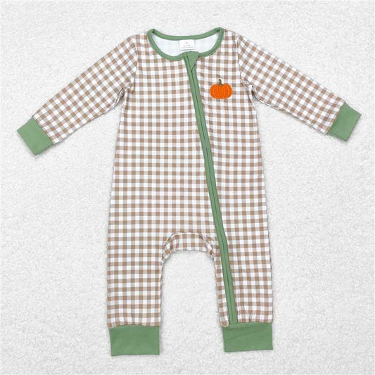 5.14 RTS NO MOQ Baby Boys Bodysuit LR1254 Long Sleeve Fall Checkered Pumpkin Zip Rompers
