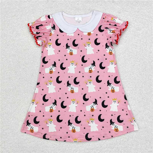 6.21 RTS NO MOQ Summer Baby Girls Dresses GSD1400 Halloween Pink Ghost Moon Knee Length Dresses