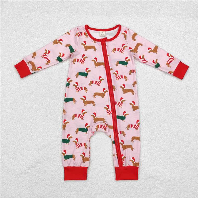 5.15 RTS NO MOQ Baby Boys Bodysuit LR1081 Pink Christmas Dachshund Dogs Bamboo Zip Rompers
