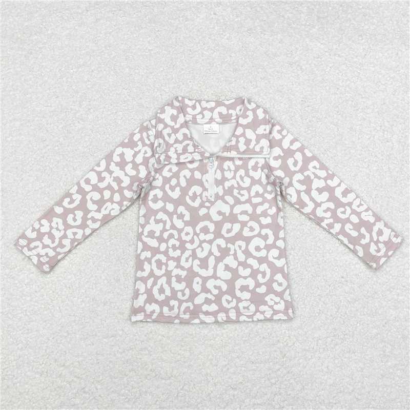 RTS NO MOQ Baby Girls Long Sleeve GT0720 Khaki Leopard Zip Pullovers Tops