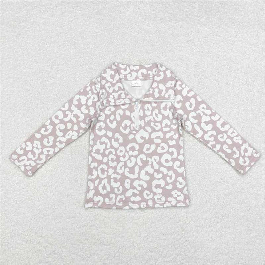 RTS NO MOQ Baby Girls Long Sleeve GT0720 Khaki Leopard Zip Pullovers Tops
