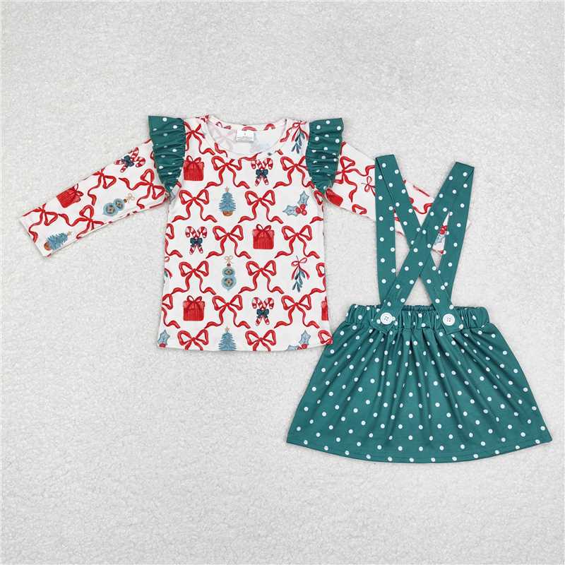 GLD0617 Baby Girls Christmas Bows Gifts Tunic Top Suspender Skirt Clothes Sets