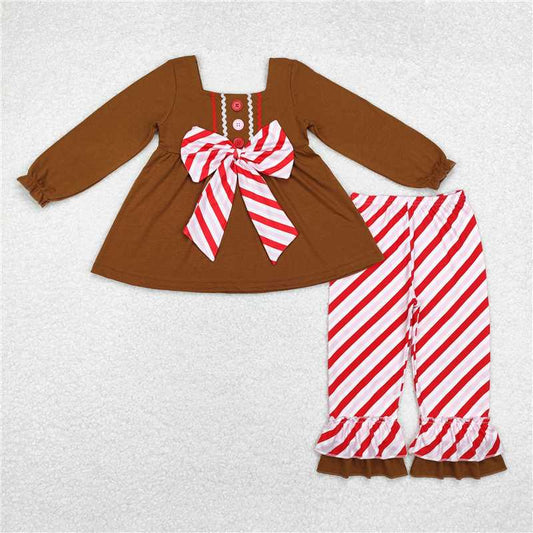 GLP1682 Baby Girls Brown Gingerbread Bow Tunic Ruffle Pants Clothes Sets