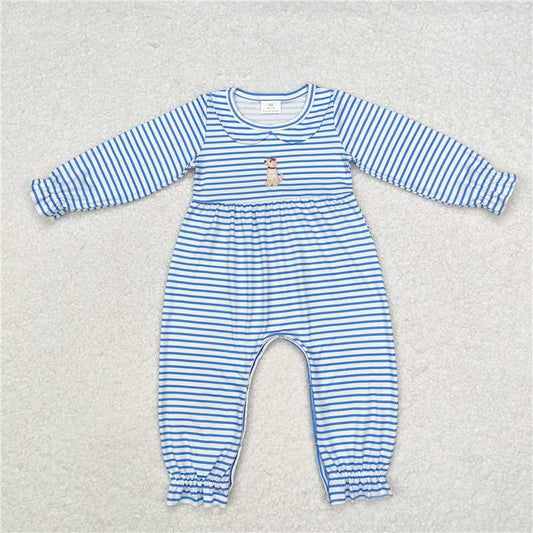 5.19 RTS NO MOQ Baby Girls Bodysuit LR1448 Blue Stripes Dog Long Sleeve Rompers