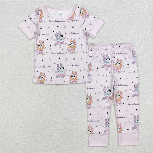 GSPO1697 Baby Girls Pink Cartoon Dogs Top Pants Pajamas Clothes Sets