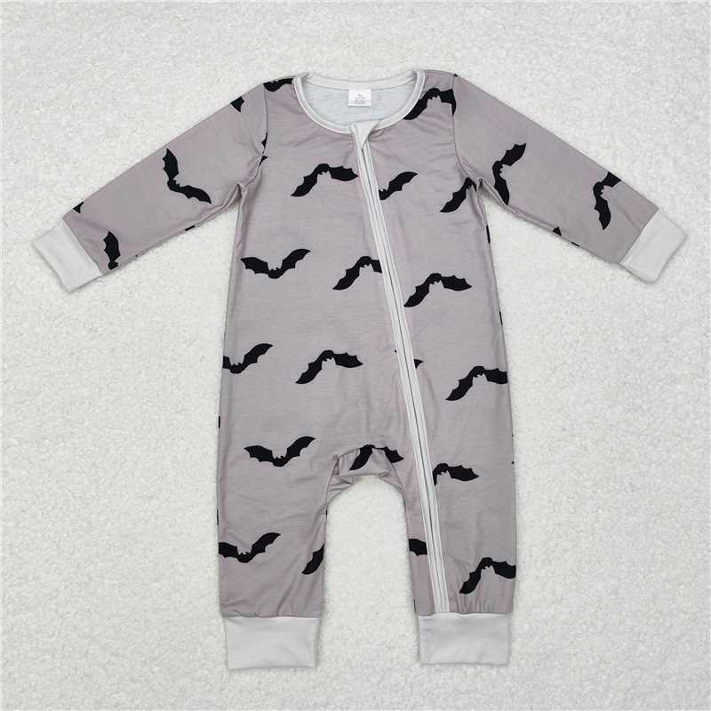 5.15 RTS NO MOQ Baby Boys Bodysuit LR1438 Long Sleeve Grey Halloween Bats Bamboo Rompers