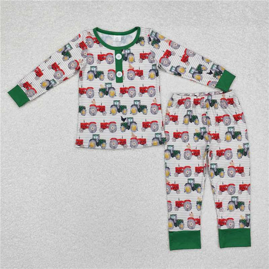 5.16 RTS NO MOQ Baby Boys Sets BLP0725 Tractors Farm Green Bamboo Pajamas Clothes Sets