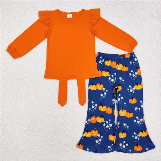 GLP1719 Baby Girls Halloween Orange Top Pumpkins Flowers Bell Pants Outfits Sets