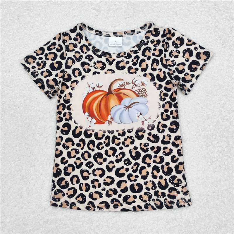RTS NO MOQ Summer Baby Girls Short Sleeve GT0688 Leopard Pumpkins Short Sleeve Tee Shirts Tops