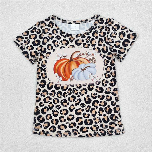 RTS NO MOQ Summer Baby Girls Short Sleeve GT0688 Leopard Pumpkins Short Sleeve Tee Shirts Tops