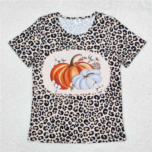 RTS NO MOQ Adult Women Summer Tops GT0689 Leopard Pumpkin Fall Short Sleeve Tee Shirts