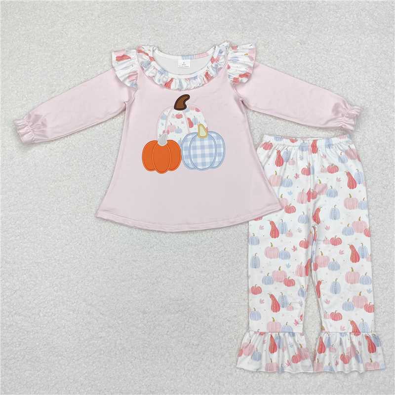 GLP1409 Baby Girls Fall Pumpkins Tunic Top Ruffle Pants Clothes Sets