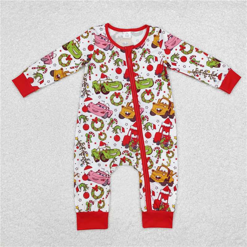 5.14 RTS NO MOQ Baby Boys Bodysuit LR1559 Christmas Tree Green Car Long Sleeve Zip Rompers