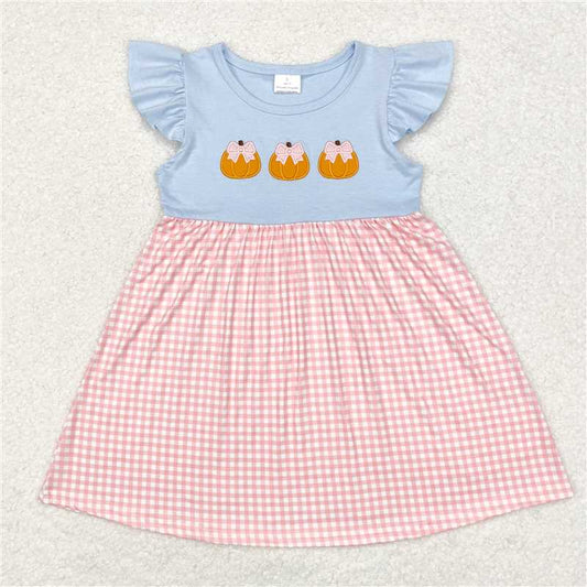 7.9 RTS NO MOQ Summer Baby Girls Dresses GSD1421 Pumpkins Pink Checkered Knee Length Dresses