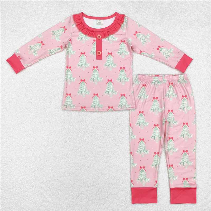 GLP1610 Baby Girls Pink Christmas Trees Bamboo Pajamas Clothes Sets