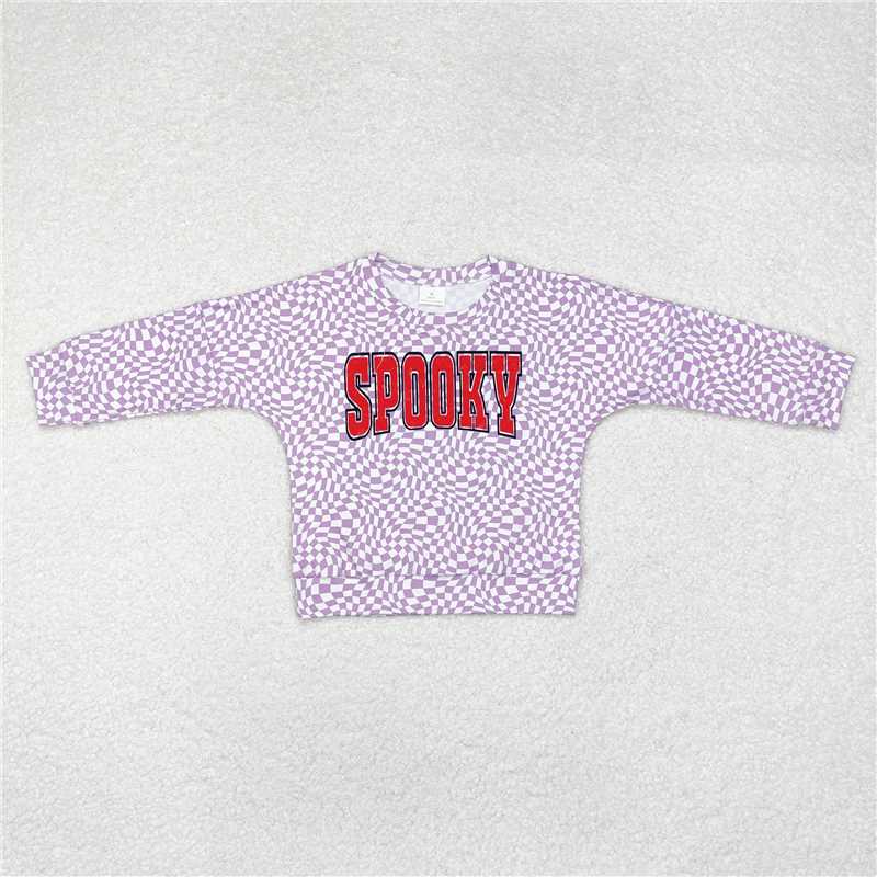 RTS NO MOQ Baby Girls Long Sleeve GT0716 Halloween Lavender Checkered Spooky Tee Shirts Tops