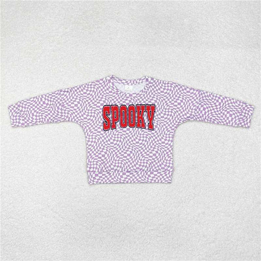 RTS NO MOQ Baby Girls Long Sleeve GT0716 Halloween Lavender Checkered Spooky Tee Shirts Tops