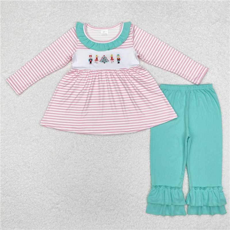 GLP1455 Baby Girls Pink Stripes Soldier Tunic Ruffle Pants Clothes Sets