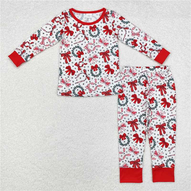 GLP1879 Baby Girls Christmas Red Bows Bamboo Pajamas Clothes Sets