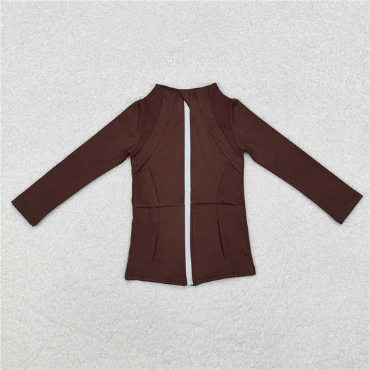 RTS NO MOQ Baby Girls Long Sleeve GT0678 Brown Zip Pocket Yoga Active Wear Jackets