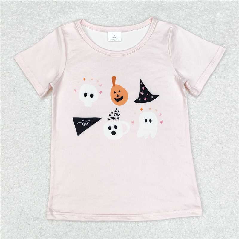 RTS NO MOQ Summer Baby Girls Short Sleeve GT0698 Halloween Pink Pumpkin Short Sleeve Tee Shirts Tops
