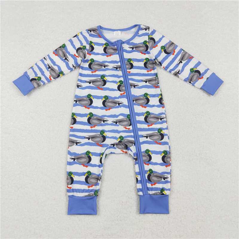 5.15 RTS NO MOQ Baby Boys Bodysuit LR1645 Blue Fall Stripes Ducks Bamboo Zip Rompers