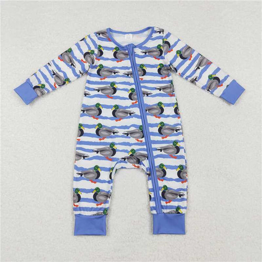 5.15 RTS NO MOQ Baby Boys Bodysuit LR1645 Blue Fall Stripes Ducks Bamboo Zip Rompers
