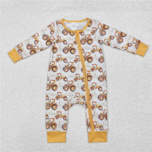 5.15 RTS NO MOQ Baby Boys Bodysuit LR1789 Yellow Long Sleeve Farm Trucks Bamboo Zip Rompers