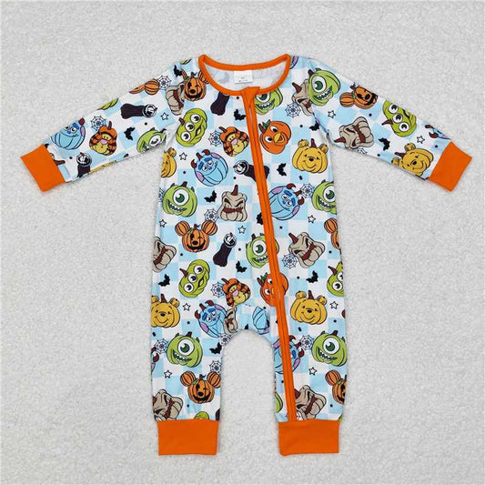 5.14 RTS NO MOQ Baby Boys Bodysuit LR1650 Halloween Plaid Pumpkins Long Sleeve Zip Rompers