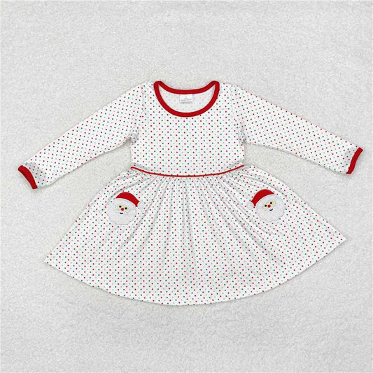 5.15 RTS NO MOQ Baby Girls Long Sleeve GLD0779 Christmas Dots Santa Knee Length Dresses
