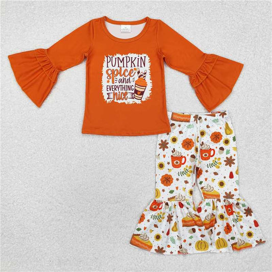 GLP1637 Baby Girls Orange Pumpkin Coffee Cups Top Bell Pants Clothes Sets