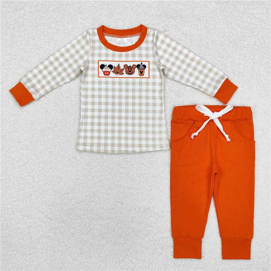 RTS NO MOQ Baby Boys Sets BLP0696 Halloween Orange Long Sleeve Checkered Top Pants Clothes Sets