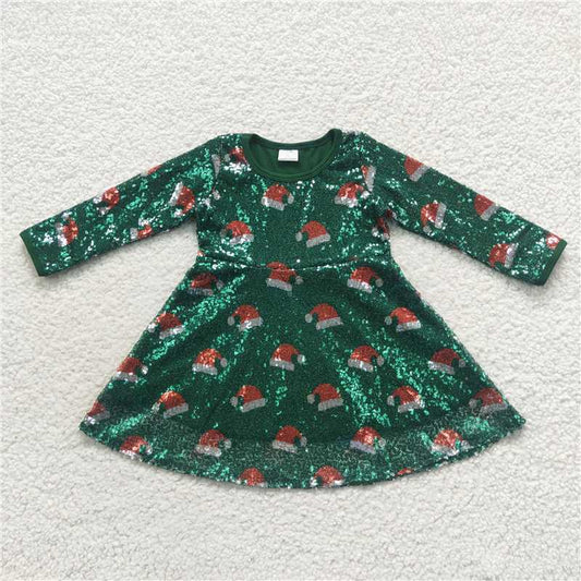 7.5 RTS NO MOQ Baby Girls Long Sleeve GLD0272 Chrismtas Tree Sequin Knee Length Dresses