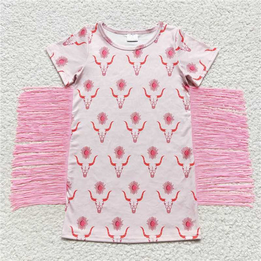 8.2 RTS NO MOQ Summer Baby Girls Dresses GSD0438 Pink Tassel Cows Knee Length Dresses