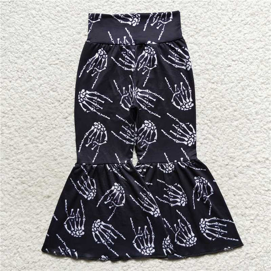 7.18 RTS NO MOQ Baby Girls Long Pants P0259 Black Halloween Bones Bell Pants