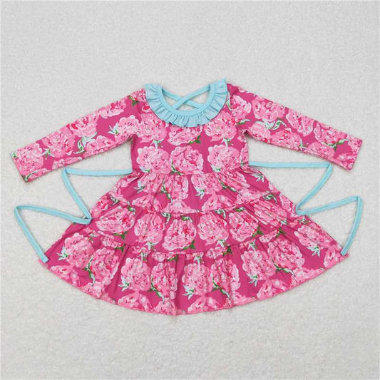 6.18 RTS NO MOQ Baby Girls Long Sleeve GLD0407 Pink Flowers Long Sleeve Knee Length Dresses