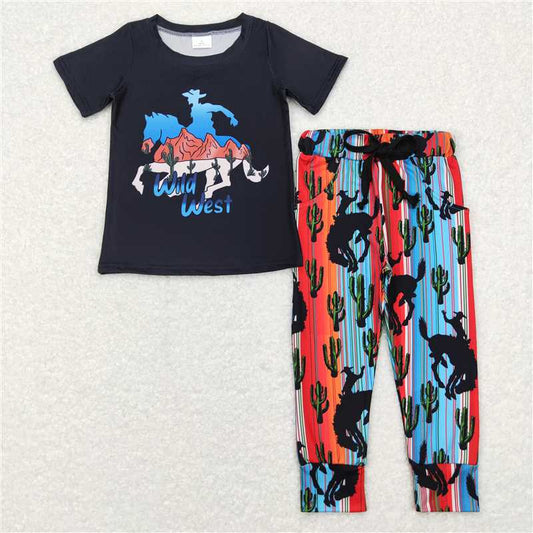 7.3 RTS NO MOQ Baby Boys Summer Sets BSPO0138 Wild West Rodeo Black Shirt Cactus Pants Clothes Sets